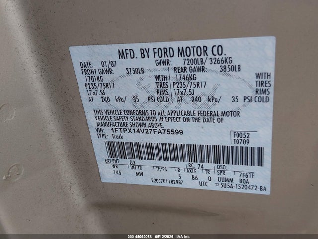 Aukcja sprzedaży 2007 Ford F-150 Fx4/lariat/xl/xlt, vin: 1FTPX14V27FA75599, numer aukcji: 45092068