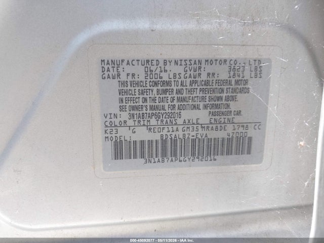 Продаж на аукціоні авто 2016 Nissan Sentra Fe+ S/s/sl/sr/sv, vin: 3N1AB7AP6GY292016, номер лоту: 45092077