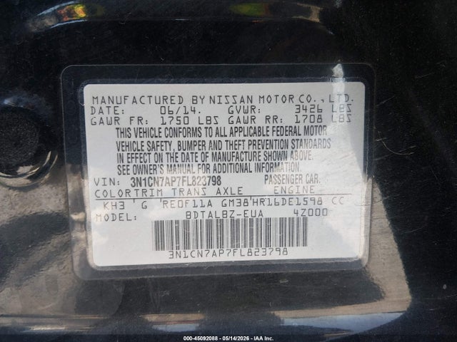 2015 Nissan Versa 1.6 Sv მანქანა იყიდება აუქციონზე, vin: 3N1CN7AP7FL823798, აუქციონის ნომერი: 45092088