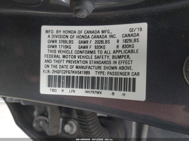 2HGFC2F67KH541989 Honda Civic Lx