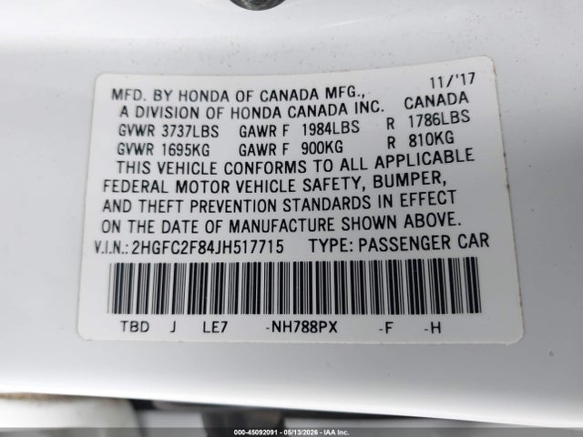 Honda CIVIC EX 2018 2HGFC2F84JH517715 Image 9