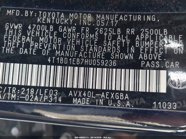 Aukcja sprzedaży 2017 Toyota Avalon Hybrid Xle, vin: 4T1BD1EB7HU059236, numer aukcji: 45092111