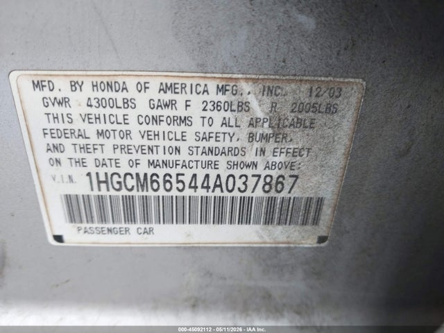Aukcja sprzedaży 2004 Honda Accord 3.0 Ex, vin: 1HGCM66544A037867, numer aukcji: 45092112