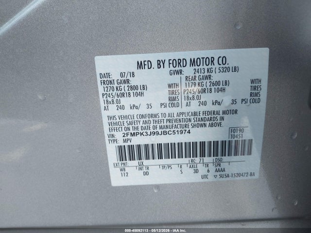 2018 Ford Edge Sel მანქანა იყიდება აუქციონზე, vin: 2FMPK3J99JBC51974, აუქციონის ნომერი: 45092113