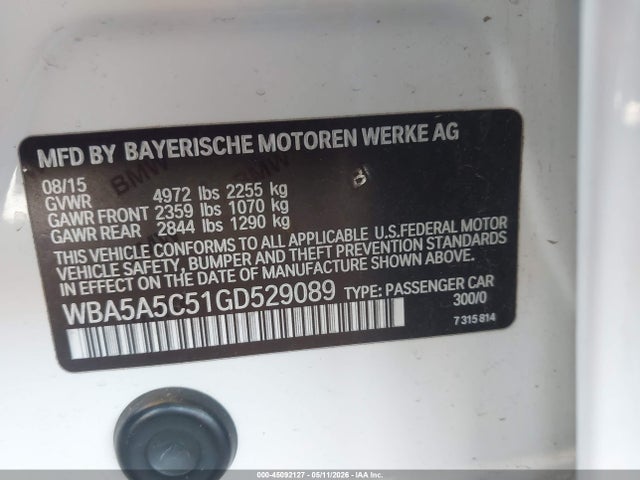 Aukcja sprzedaży 2016 Bmw 528i, vin: WBA5A5C51GD529089, numer aukcji: 45092127