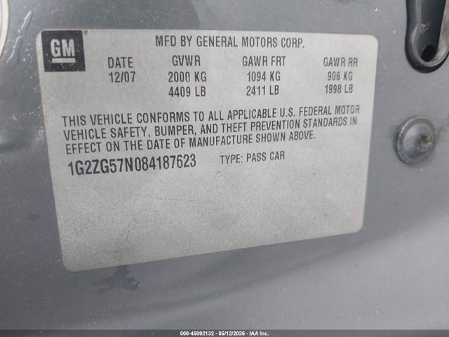 45092132 :رقم المزاد ، 1G2ZG57N084187623 vin ، 2008 Pontiac G6 مزاد بيع