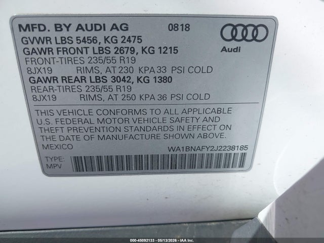 Продажа на аукционе авто 2018 Audi Q5 2.0t Premium, vin: WA1BNAFY2J2238185, номер лота: 45092133