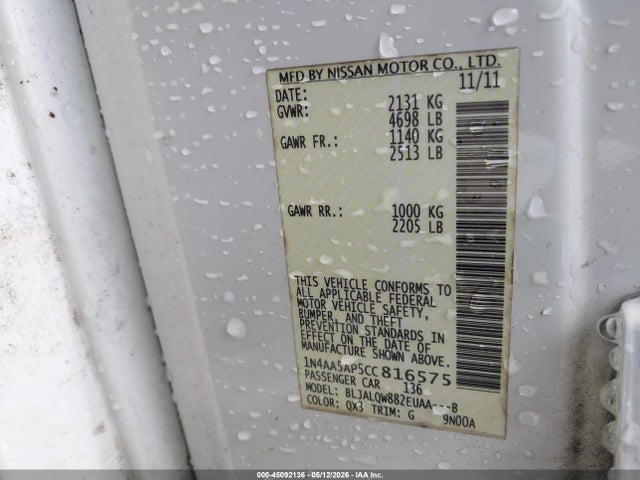 45092136 :رقم المزاد ، 1N4AA5AP5CC816575 vin ، 2012 Nissan Maxima 3.5 S مزاد بيع