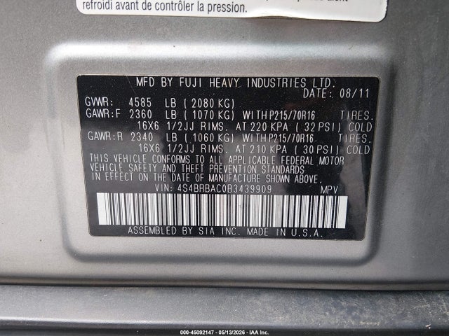 Продажа на аукционе авто 2011 Subaru Outback 2.5i, vin: 4S4BRBAC0B3439909, номер лота: 45092147