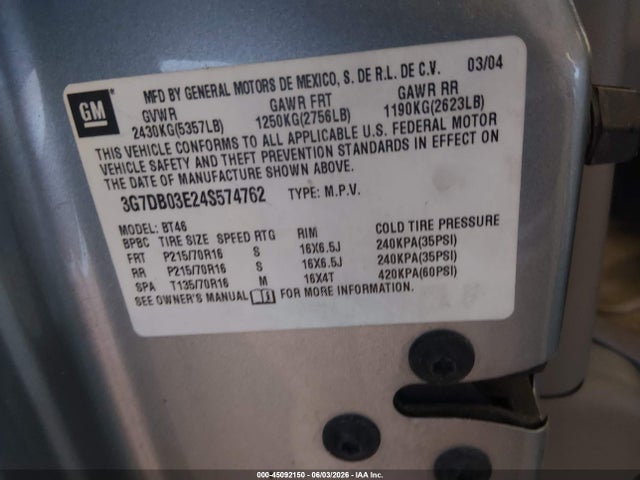 2004 Pontiac Aztek მანქანა იყიდება აუქციონზე, vin: 3G7DB03E24S574762, აუქციონის ნომერი: 45092150