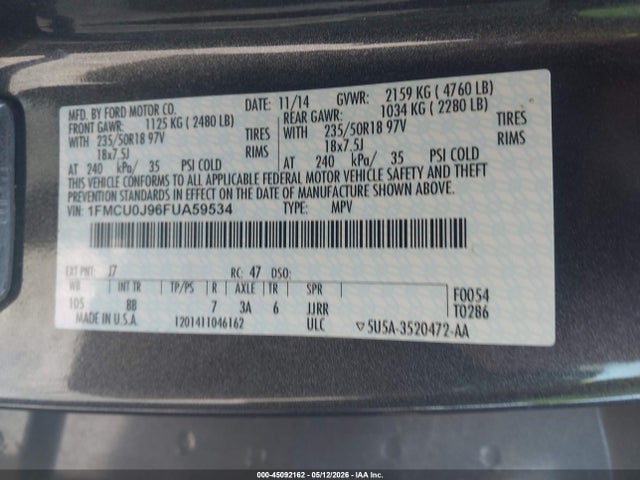 Auction sale of the 2015 Ford Escape Titanium, vin: 1FMCU0J96FUA59534, lot number: 45092162