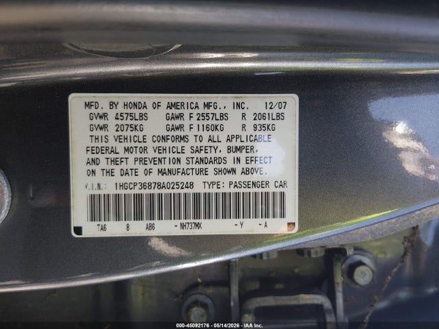 2008 Honda Accord 3.5 Ex-l მანქანა იყიდება აუქციონზე, vin: 1HGCP36878A025248, აუქციონის ნომერი: 45092176