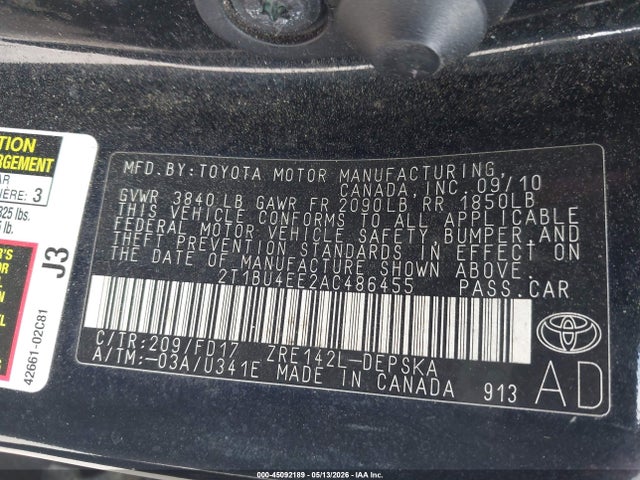 2010 Toyota Corolla S მანქანა იყიდება აუქციონზე, vin: 2T1BU4EE2AC486455, აუქციონის ნომერი: 45092189