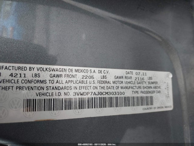 Продажа на аукционе авто 2012 Volkswagen Jetta 2.5l Se, vin: 3VWDP7AJ0CM303100, номер лота: 45092193