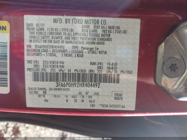 Aukcja sprzedaży 2017 Ford Fusion Se, vin: 3FA6P0H92HR404492, numer aukcji: 45092194
