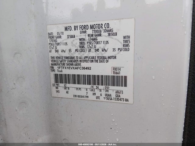 Продаж на аукціоні авто 2010 Ford F-150 Fx4/lariat/xl/xlt, vin: 1FTFX1EVXAFC36492, номер лоту: 45092198