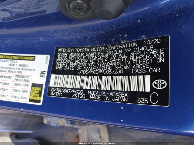 Продажа на аукционе авто 2021 Toyota Corolla Se, vin: JTDS4MCE4MJ067230, номер лота: 45092207