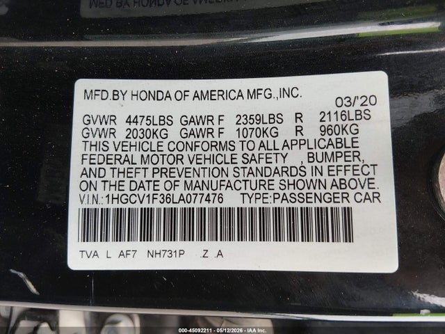 2020 Honda Accord Sport მანქანა იყიდება აუქციონზე, vin: 1HGCV1F36LA077476, აუქციონის ნომერი: 45092211