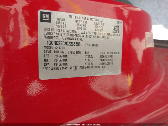 Продаж на аукціоні авто 2012 Chevrolet Silverado 1500 Lt, vin: 1GCRCSE03CZ235396, номер лоту: 45092214