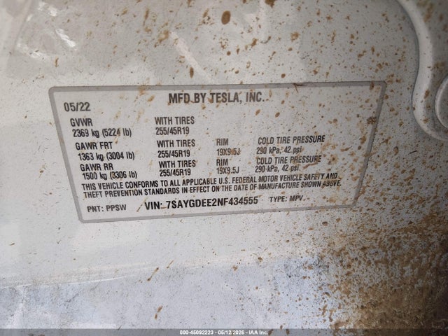 Продаж на аукціоні авто 2022 Tesla Model Y Long Range Dual Motor All-wheel Drive, vin: 7SAYGDEE2NF434555, номер лоту: 45092223