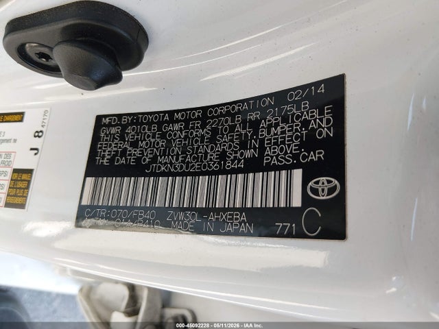 JTDKN3DU2E0361844 Toyota Prius Two