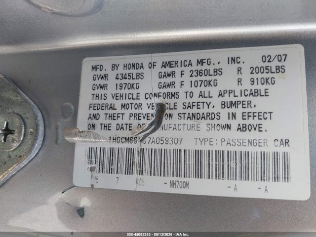 2007 Honda Accord 3.0 Se მანქანა იყიდება აუქციონზე, vin: 1HGCM66457A059307, აუქციონის ნომერი: 45092243