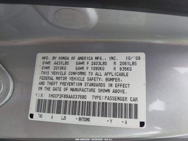 Aukcja sprzedaży 2010 Honda Accord 2.4 Ex-l, vin: 1HGCP2F89AA037580, numer aukcji: 45092259