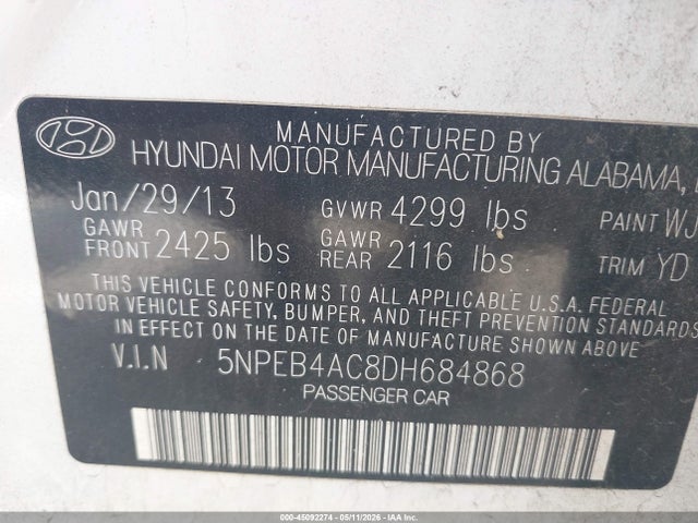 Продаж на аукціоні авто 2013 Hyundai Sonata Gls, vin: 5NPEB4AC8DH684868, номер лоту: 45092274