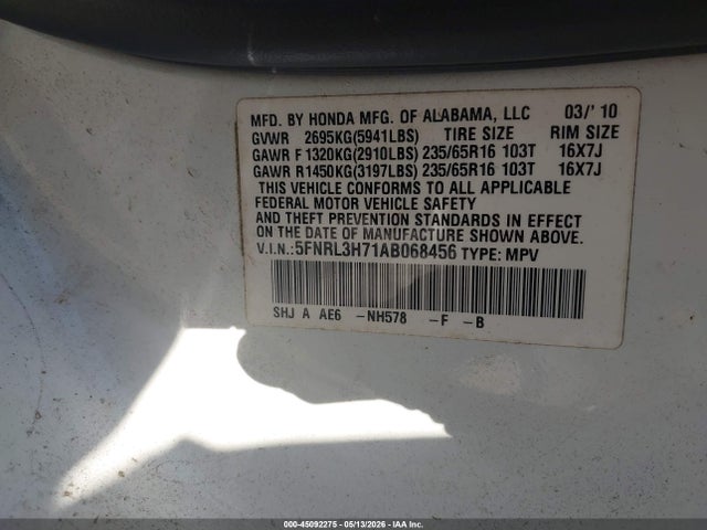 2010 Honda Odyssey Ex-l მანქანა იყიდება აუქციონზე, vin: 5FNRL3H71AB068456, აუქციონის ნომერი: 45092275