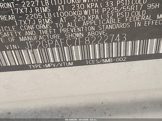 45092292 :رقم المزاد ، JF2GPAFC7F8222743 vin ، 2015 Subaru Xv Crosstrek 2.0i Premium مزاد بيع