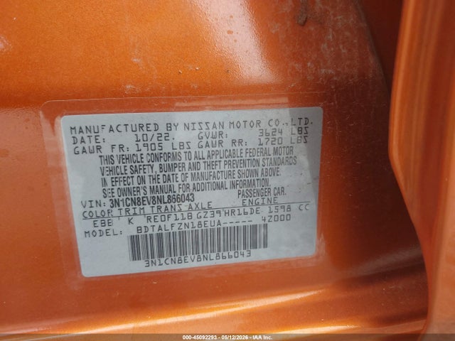 45092293 :رقم المزاد ، 3N1CN8EV8NL866043 vin ، 2022 Nissan Versa 1.6 Sv Xtronic Cvt مزاد بيع