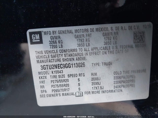 Aukcja sprzedaży 2016 Gmc Sierra 1500 Slt, vin: 3GTU2NEC9GG113026, numer aukcji: 45092299