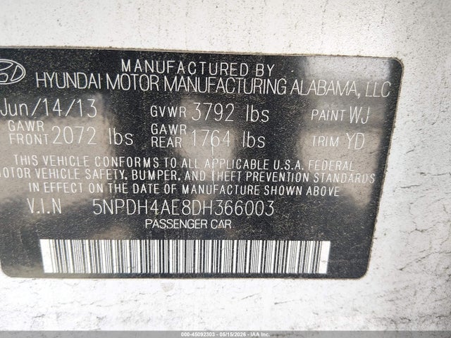 Продажа на аукционе авто 2013 Hyundai Elantra Gls, vin: 5NPDH4AE8DH366003, номер лота: 45092303