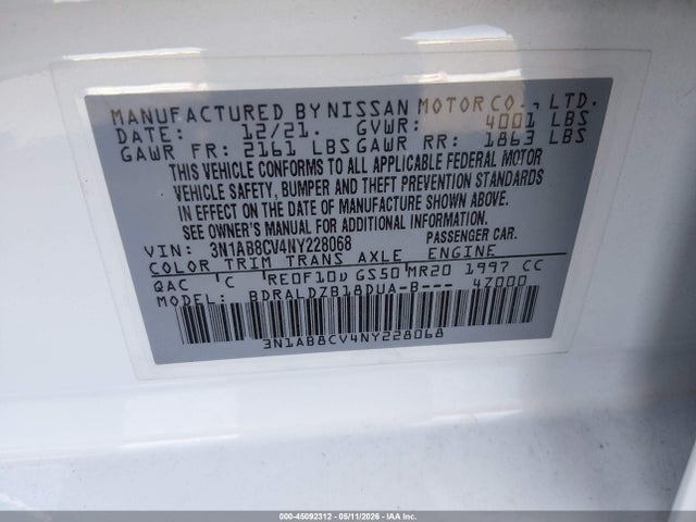 Aukcja sprzedaży 2022 Nissan Sentra Sv Xtronic Cvt, vin: 3N1AB8CV4NY228068, numer aukcji: 45092312