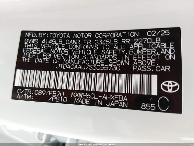 45092317 :رقم المزاد ، JTDACAAU7S3055730 vin ، 2025 Toyota Prius Le مزاد بيع