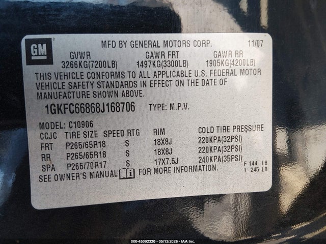 Продаж на аукціоні авто 2008 Gmc Yukon Xl 1500 Denali, vin: 1GKFC66868J168706, номер лоту: 45092320