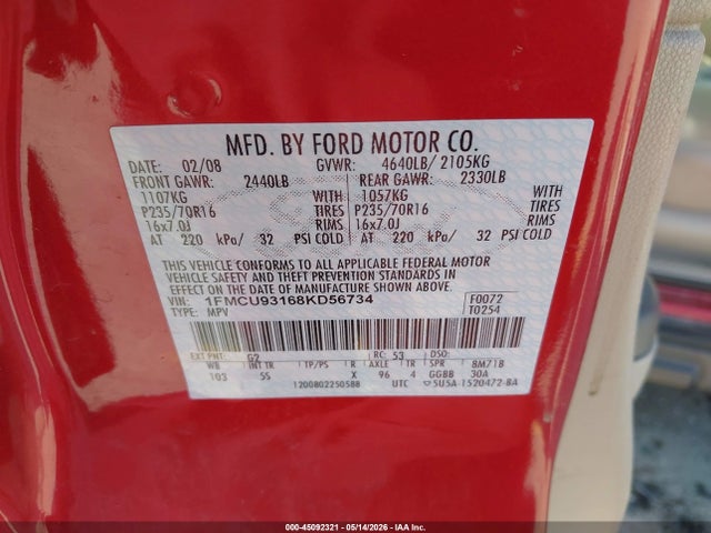 Продажа на аукционе авто 2008 Ford Escape Xlt, vin: 1FMCU93168KD56734, номер лота: 45092321