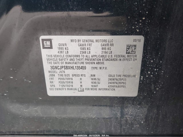 Продажа на аукционе авто 2017 Chevrolet Trax Lt, vin: 3GNCJPSBXHL135459, номер лота: 45092354