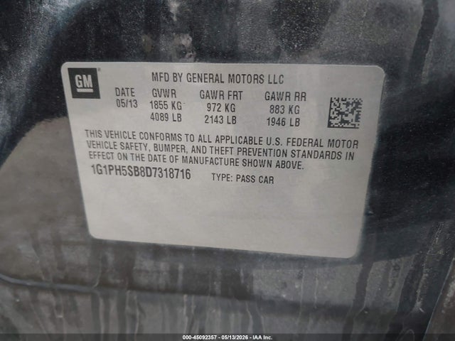 2013 Chevrolet Cruze Eco Auto მანქანა იყიდება აუქციონზე, vin: 1G1PH5SB8D7318716, აუქციონის ნომერი: 45092357