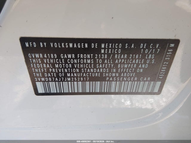45092361 :رقم المزاد ، 3VWDB7AJ7JM252917 vin ، 2018 Volkswagen Jetta 1.4t Se/1.4t Wolfsburg Edition مزاد بيع