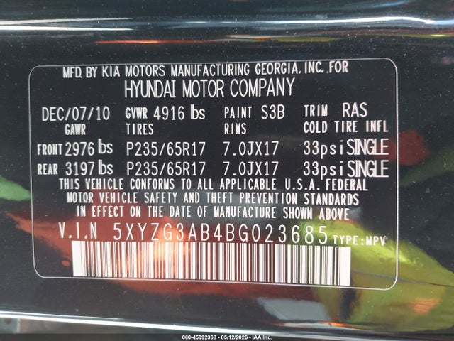 Продаж на аукціоні авто 2011 Hyundai Santa Fe Gls, vin: 5XYZG3AB4BG023685, номер лоту: 45092368