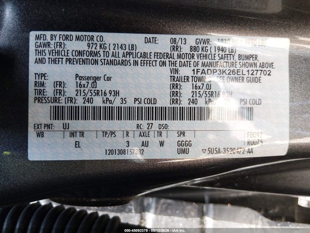 45092379 :رقم المزاد ، 1FADP3K26EL127702 vin ، 2014 Ford Focus Se مزاد بيع