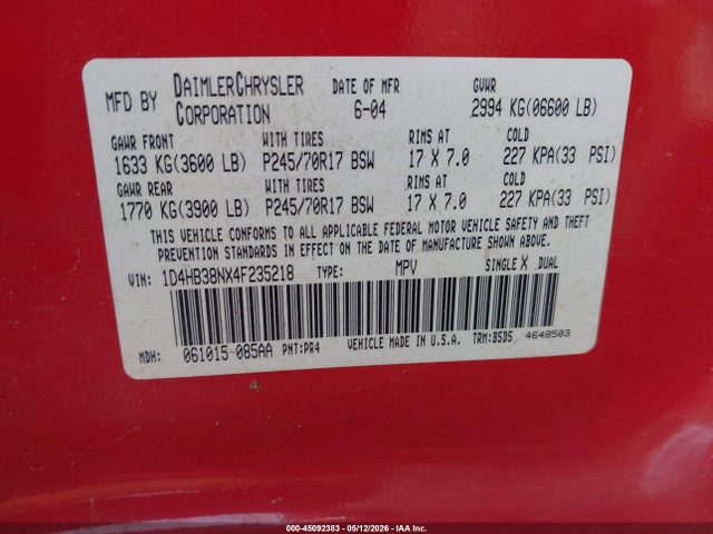 Aukcja sprzedaży 2004 Dodge Durango St, vin: 1D4HB38NX4F235218, numer aukcji: 45092383