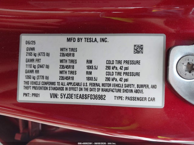 Aukcja sprzedaży 2025 Tesla Model 3 Long Range Rear-wheel Drive/standard Rear-wheel Drive, vin: 5YJ3E1EA8SF036982, numer aukcji: 45092391