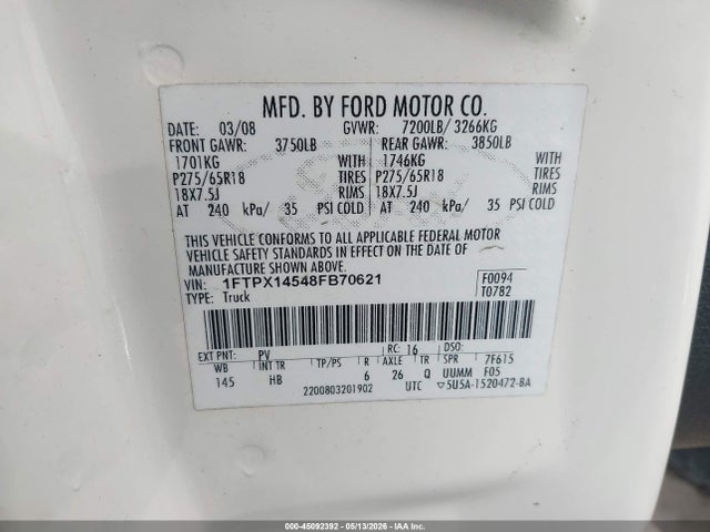45092392 :رقم المزاد ، 1FTPX14548FB70621 vin ، 2008 Ford F-150 Lariat مزاد بيع