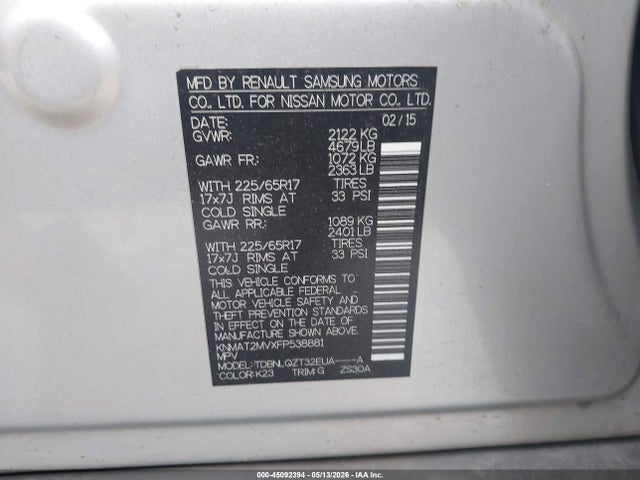 45092394 :رقم المزاد ، KNMAT2MVXFP538881 vin ، 2015 Nissan Rogue Sv مزاد بيع
