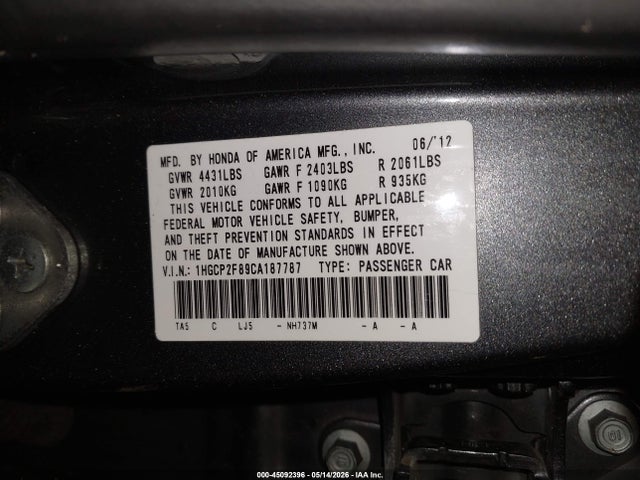 Aukcja sprzedaży 2012 Honda Accord 2.4 Ex-l, vin: 1HGCP2F89CA187787, numer aukcji: 45092396
