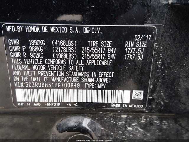 3CZRU6H31HG700849 Honda HR-V LX