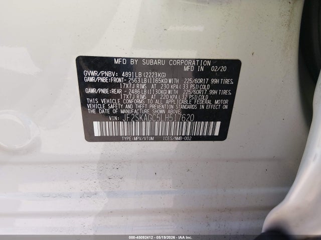 45092412 :رقم المزاد ، JF2SKAGC5LH517620 vin ، 2020 Subaru Forester Premium مزاد بيع