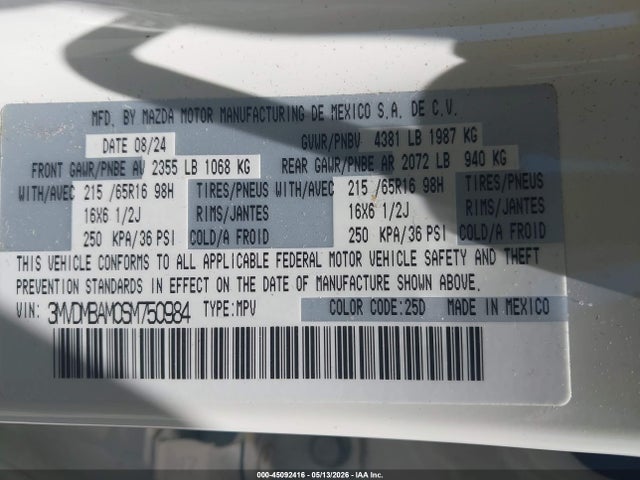 45092416 :رقم المزاد ، 3MVDMBAM0SM750984 vin ، 2025 Mazda Cx-30 2.5 S مزاد بيع